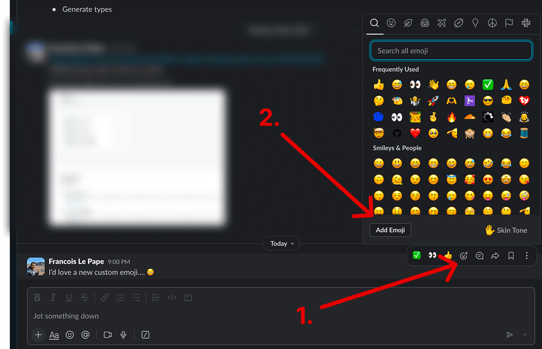 Slack emoji picker showing where to click Add Emoji
