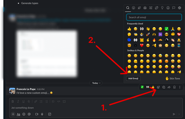 Slack emoji picker showing where to click Add Emoji