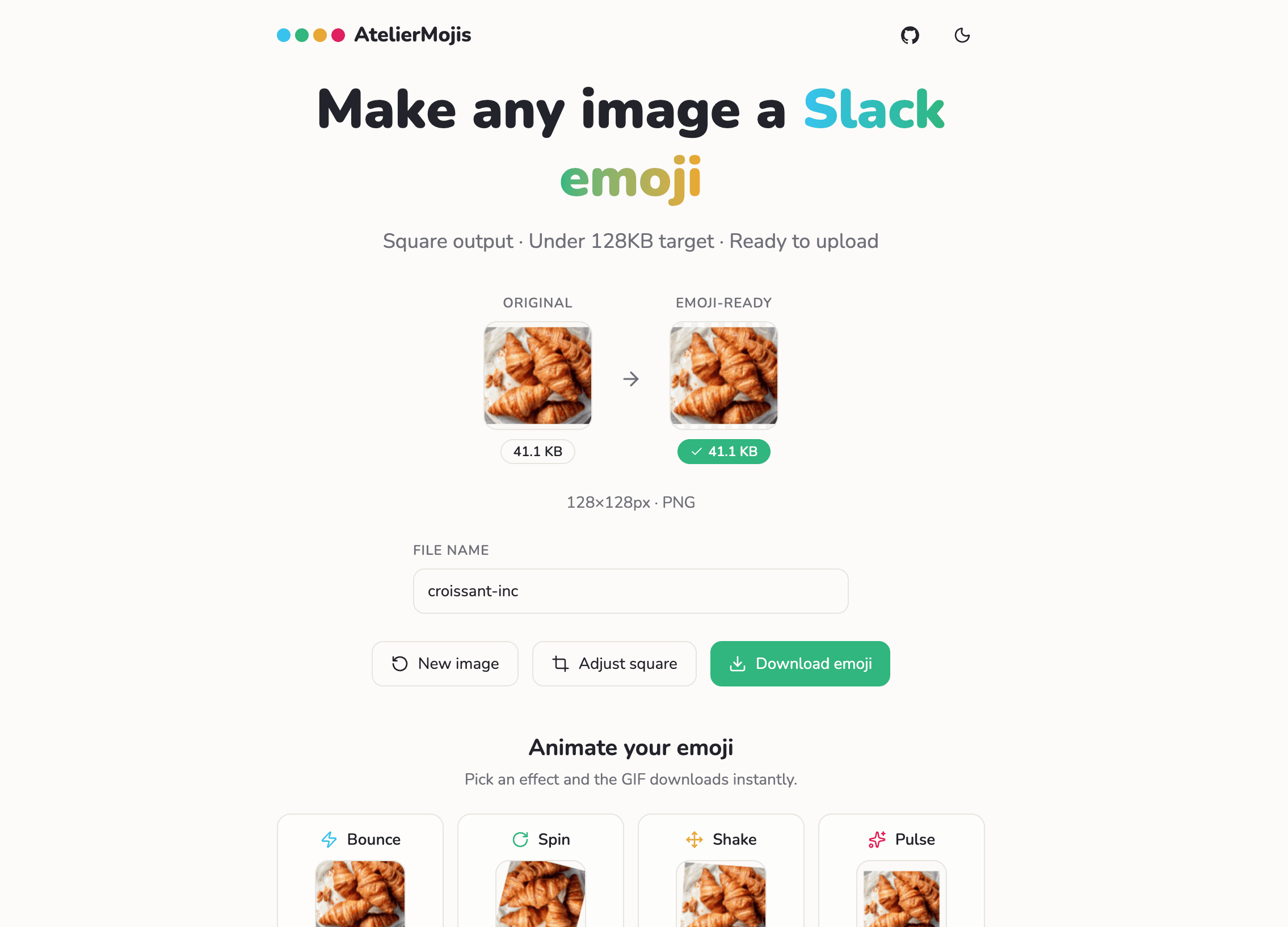 AtelierMojis showing an original image converted to a Slack-ready 128x128 PNG under 128KB