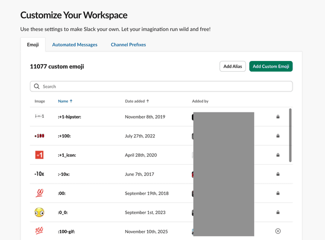 Slack custom emoji menu with Add Emoji button highlighted