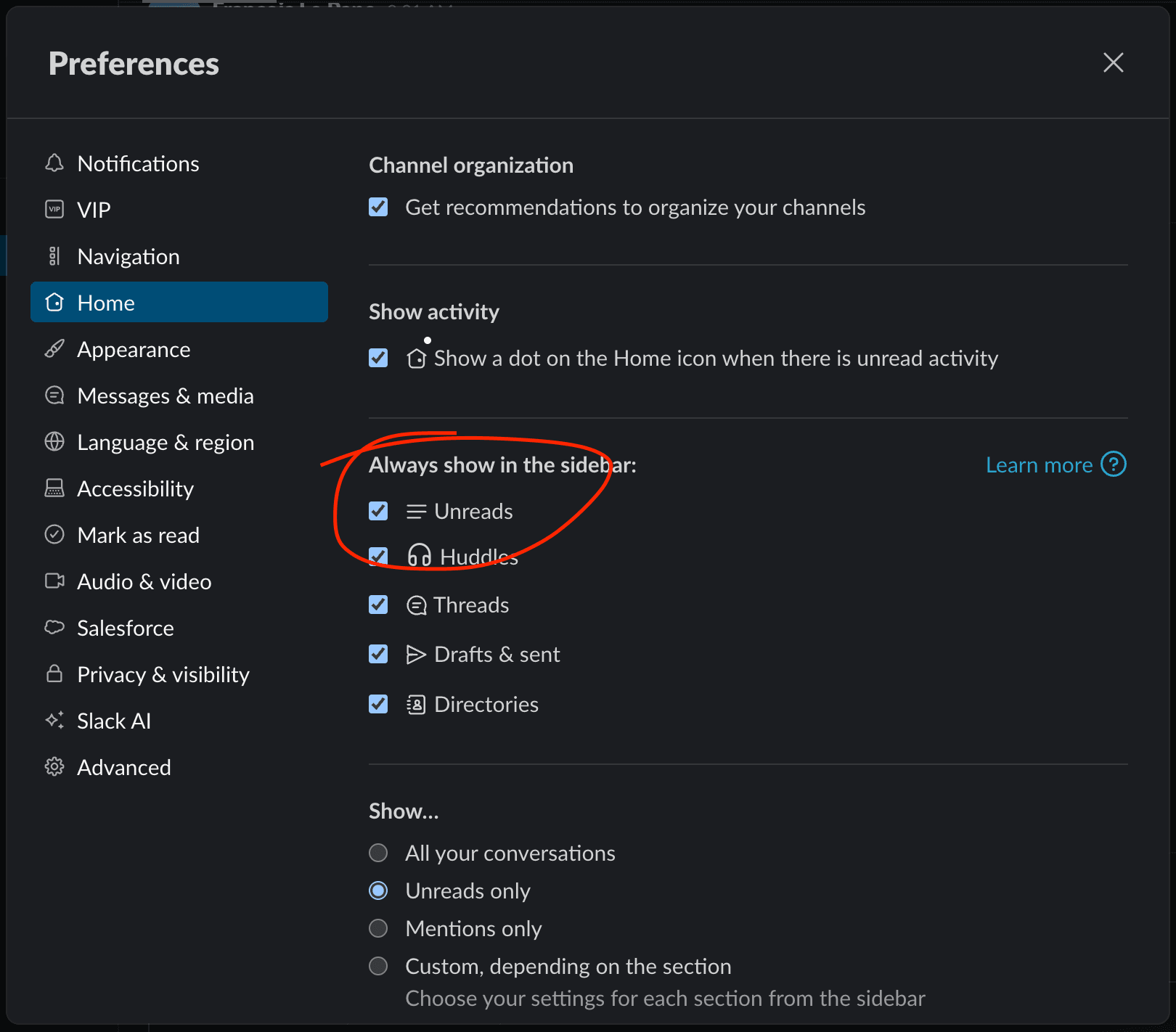 Slack preferences showing the Unreads option enabled in the sidebar
