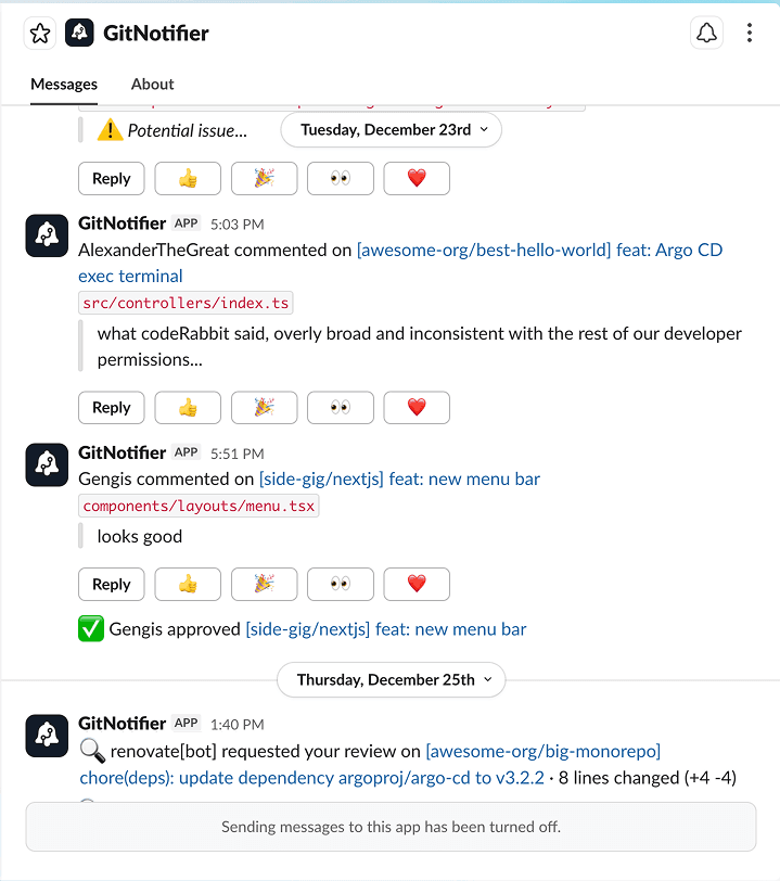 GitHub and Slack integration for pull request reviews