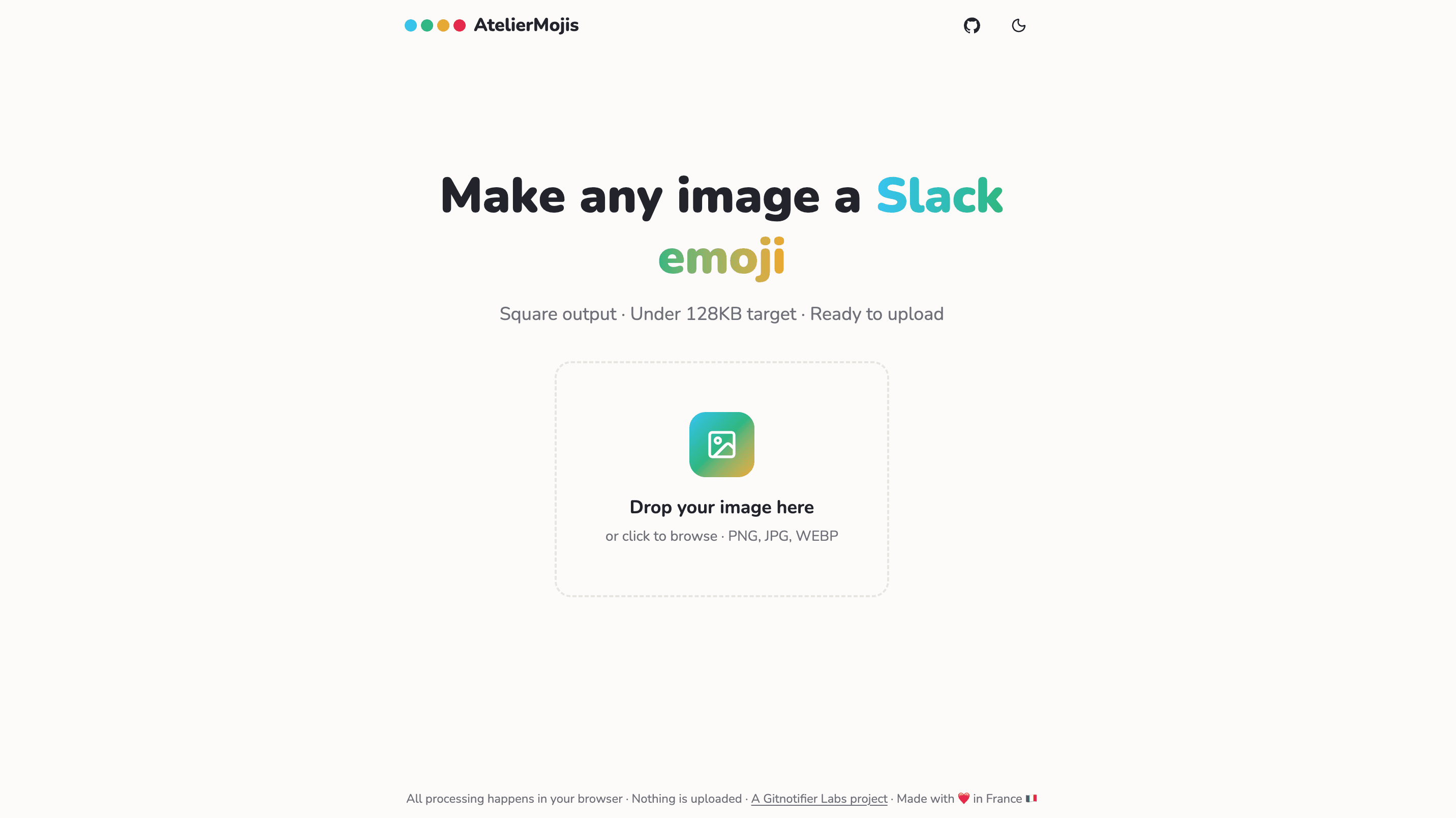AtelierMojis landing page: Make any image a Slack emoji, with a drop zone and browser-only processing