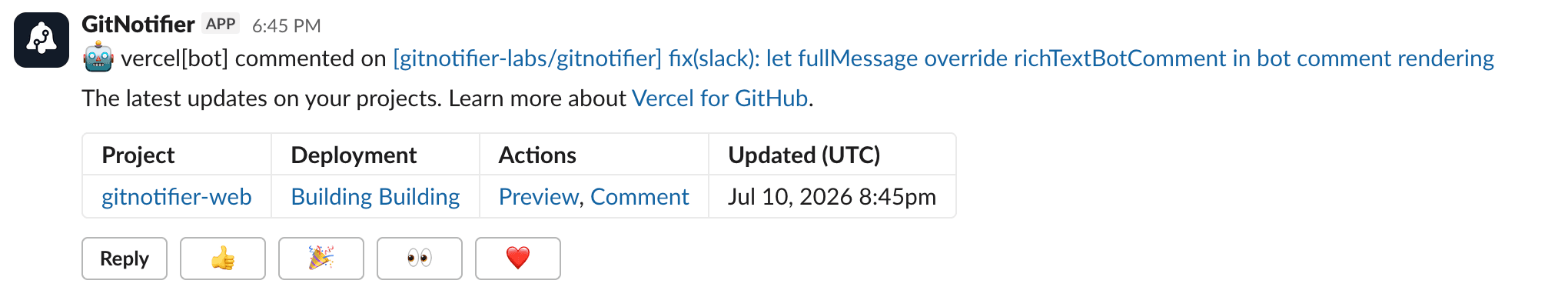 A bot comment from GitHub rendered in Slack with full Markdown formatting via GitNotifier