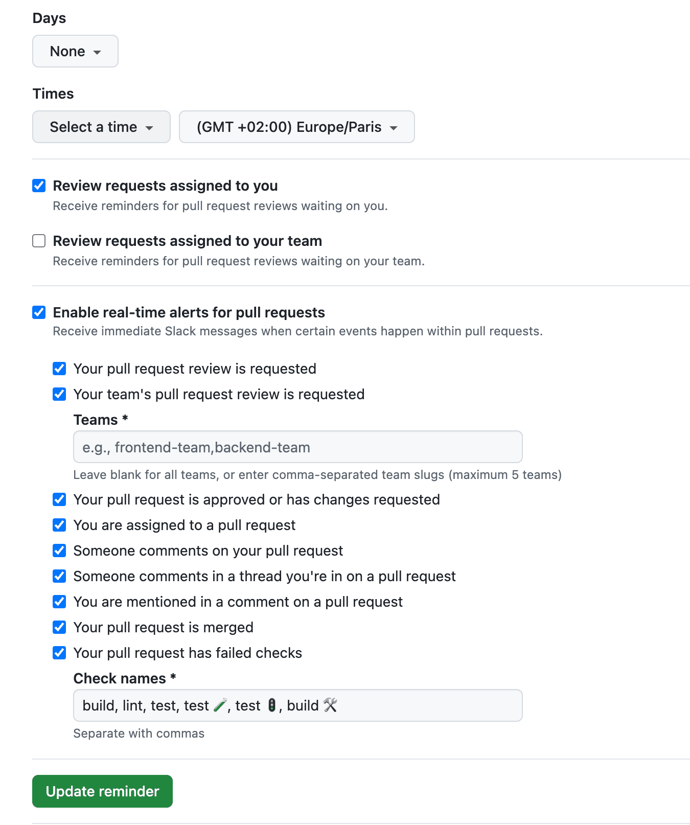 GitHub scheduled reminders settings page with a real-time alerts section listing per-event checkboxes and a comma-separated check-names field