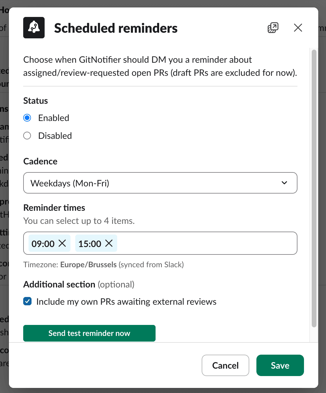 GitNotifier scheduled reminders modal in Slack showing cadence, up to four reminder times, a synced timezone, and a send-test button