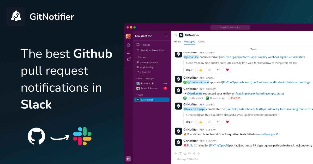 GitHub pull request and CI notifications arriving in a Slack channel